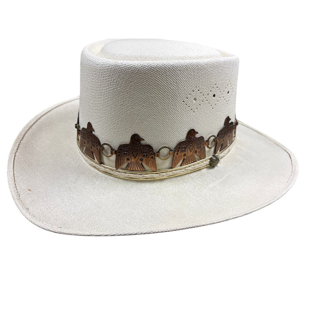 Vintage Straw Cowboy hat Thunderbird Eagle copper chain 7 5/8 made in Mexico
